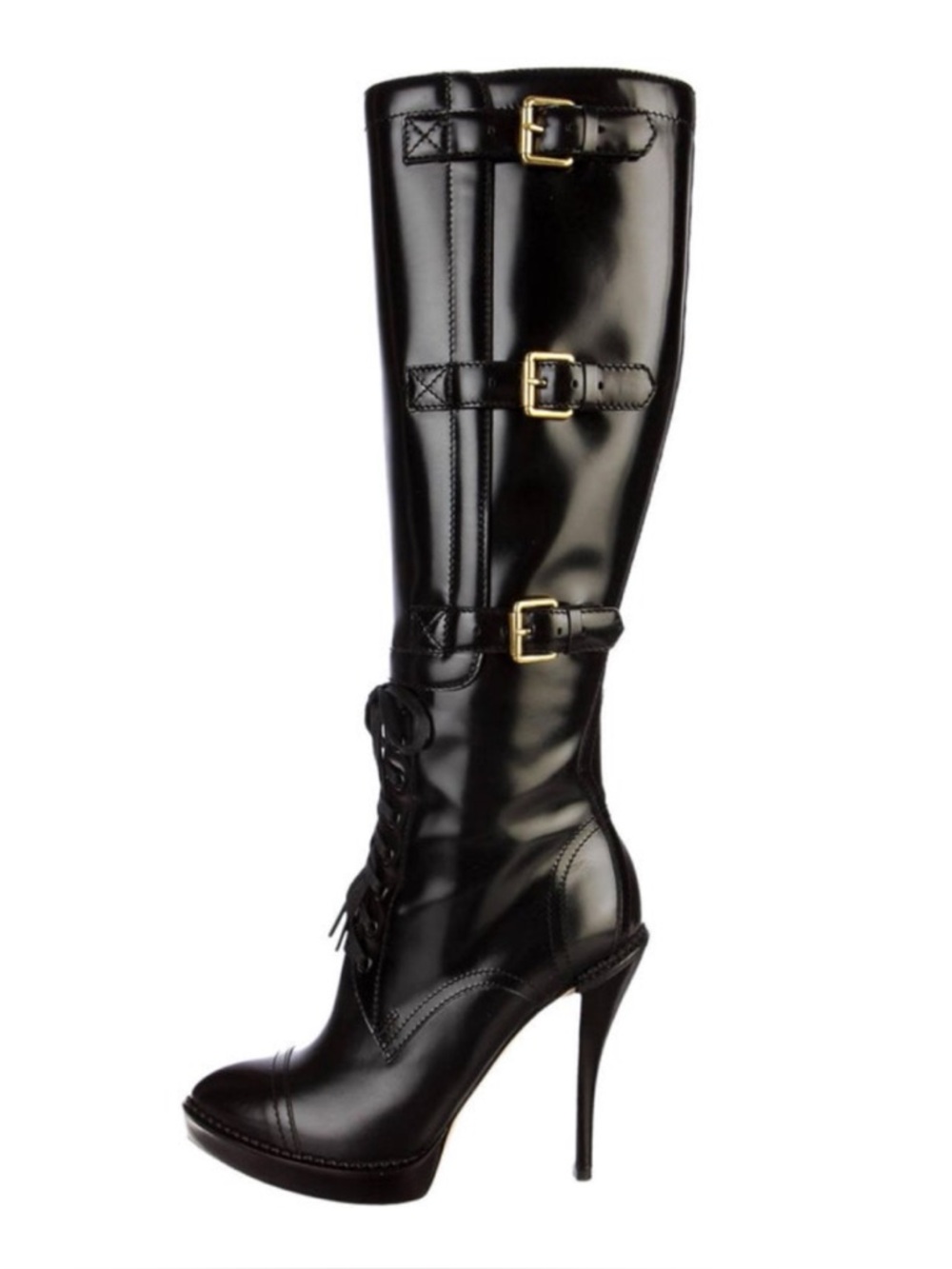 GUCCI VINTAGE Black Leather Riddle Knee High Lace-Up Platform Heeled Boot 2009 - Picture 4 of 15